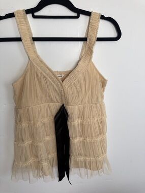 Lucky Brand Cream Ruffled Camisole with Black Ribbon